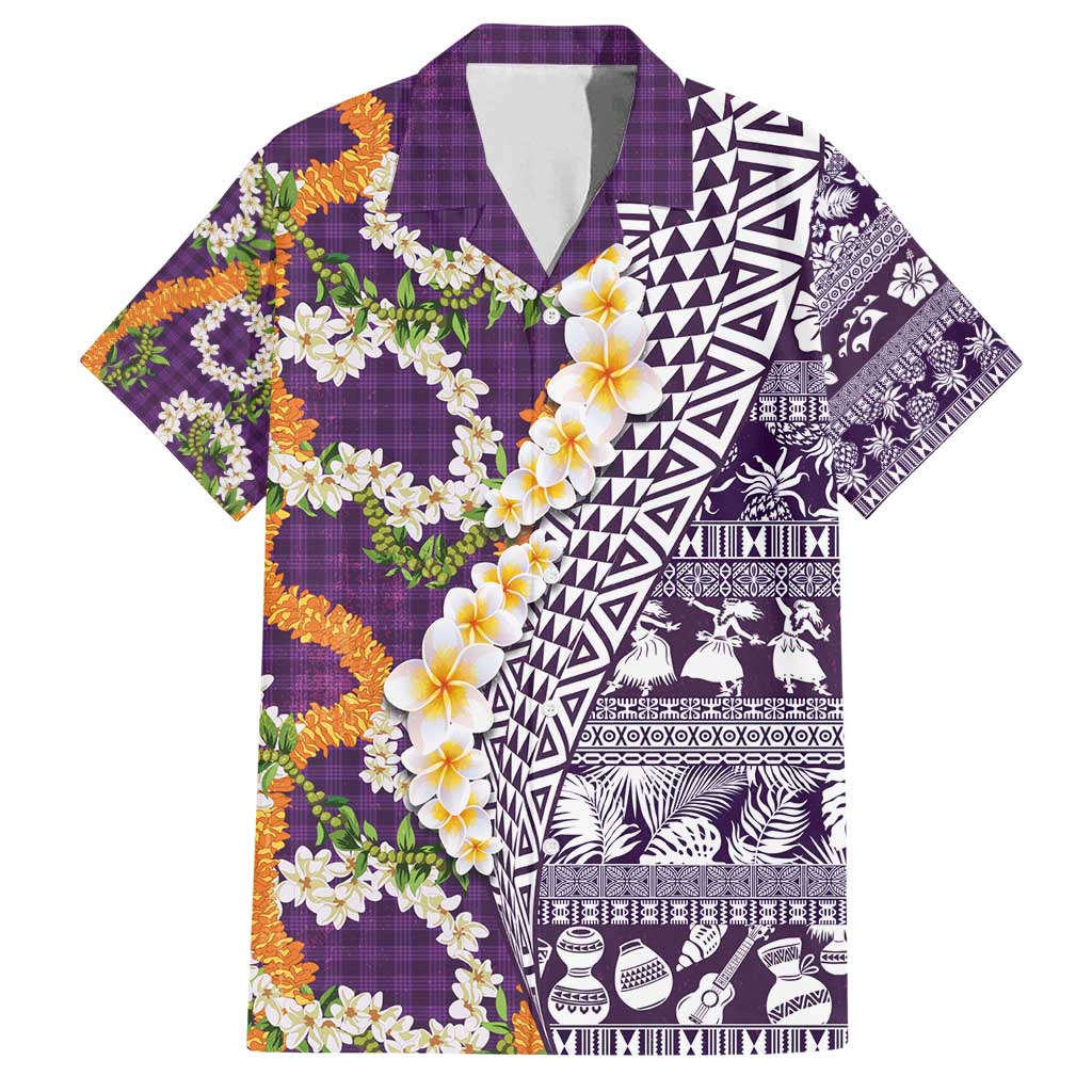 Hawaiian Plumeria Lei Family Matching Long Sleeve Bodycon Dress and Hawaiian Shirt Kakau Motifs and Palaka Half Style Purple Color - Polynesian Pride