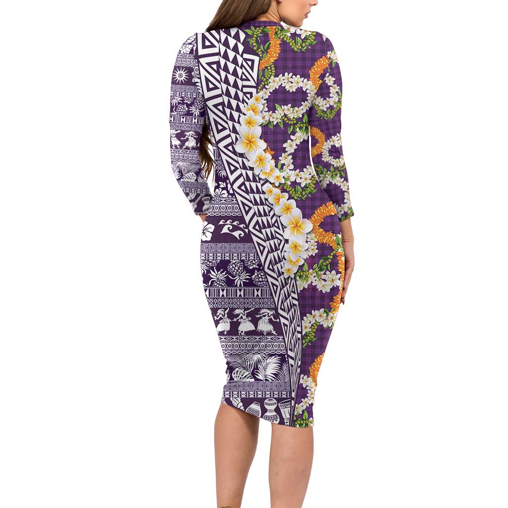 Hawaiian Plumeria Lei Family Matching Long Sleeve Bodycon Dress and Hawaiian Shirt Kakau Motifs and Palaka Half Style Purple Color - Polynesian Pride