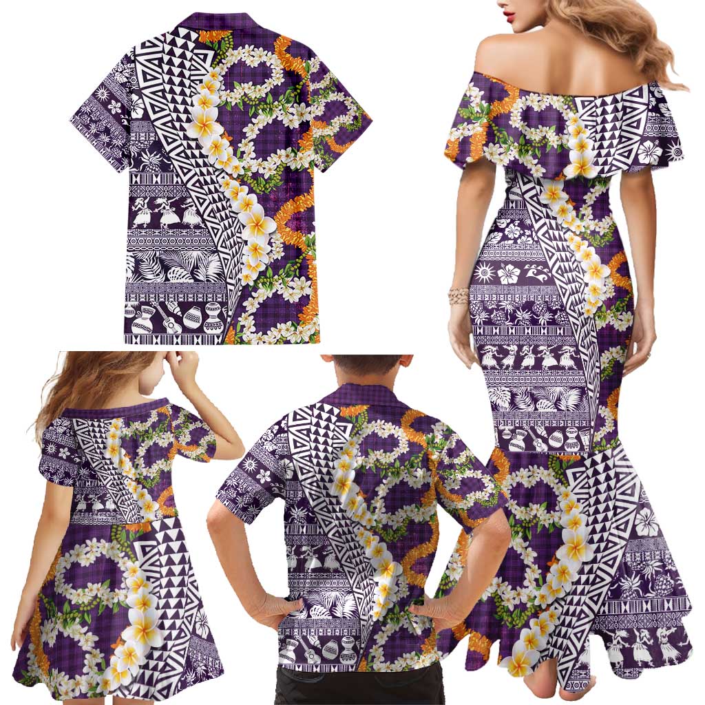 Hawaiian Plumeria Lei Family Matching Mermaid Dress and Hawaiian Shirt Kakau Motifs and Palaka Half Style Purple Color - Polynesian Pride