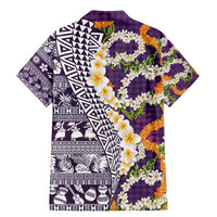Hawaiian Plumeria Lei Family Matching Mermaid Dress and Hawaiian Shirt Kakau Motifs and Palaka Half Style Purple Color - Polynesian Pride