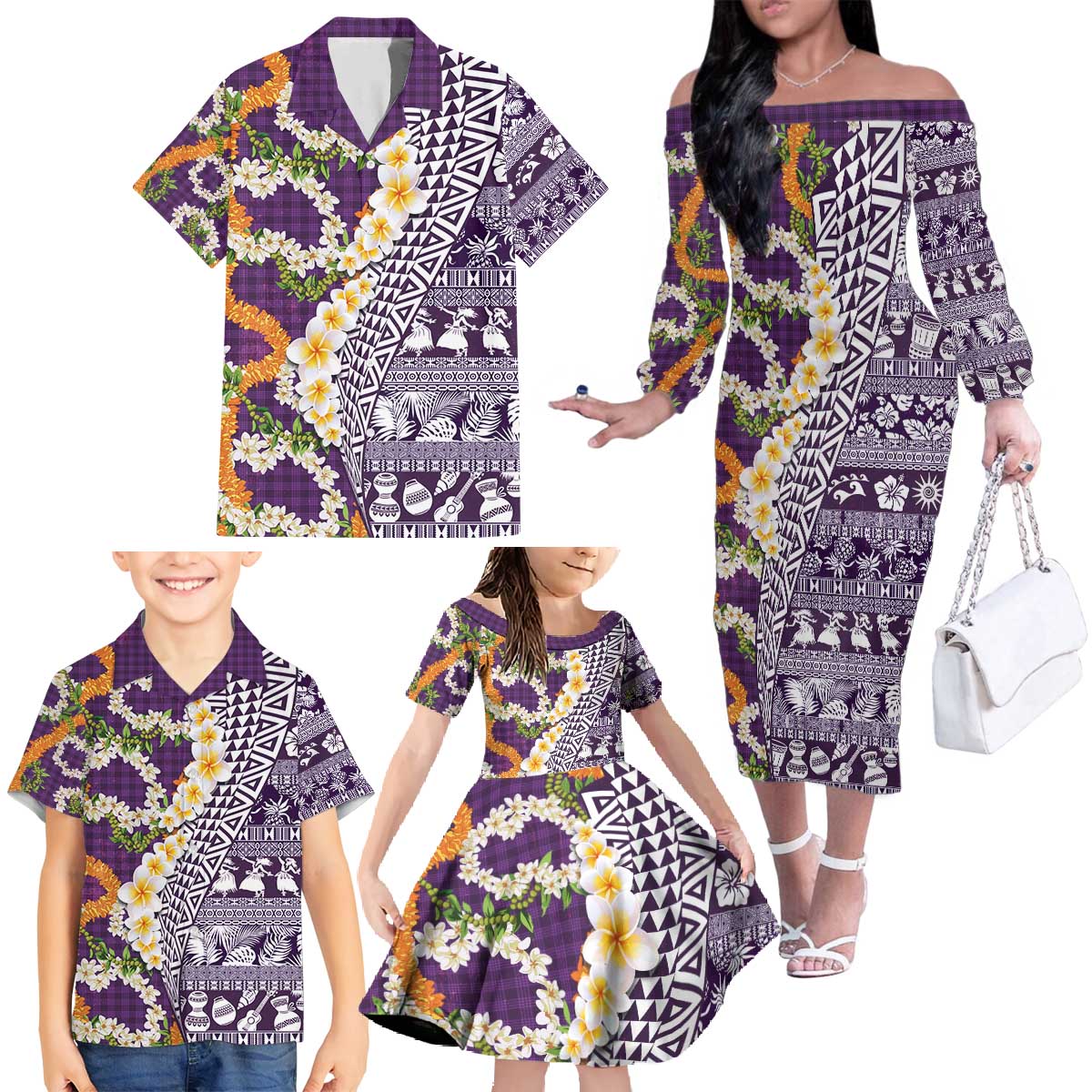 Hawaiian Plumeria Lei Family Matching Off The Shoulder Long Sleeve Dress and Hawaiian Shirt Kakau Motifs and Palaka Half Style Purple Color - Polynesian Pride