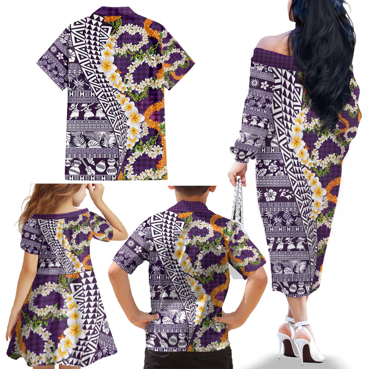 Hawaiian Plumeria Lei Family Matching Off The Shoulder Long Sleeve Dress and Hawaiian Shirt Kakau Motifs and Palaka Half Style Purple Color - Polynesian Pride