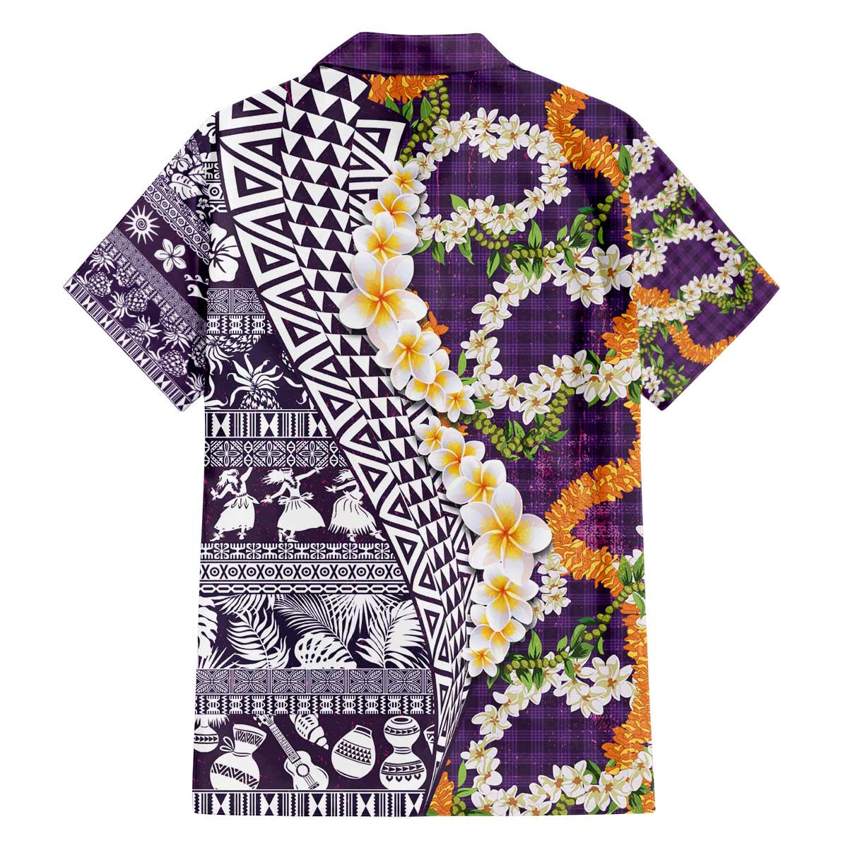 Hawaiian Plumeria Lei Family Matching Off The Shoulder Long Sleeve Dress and Hawaiian Shirt Kakau Motifs and Palaka Half Style Purple Color - Polynesian Pride