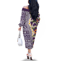 Hawaiian Plumeria Lei Family Matching Off The Shoulder Long Sleeve Dress and Hawaiian Shirt Kakau Motifs and Palaka Half Style Purple Color - Polynesian Pride