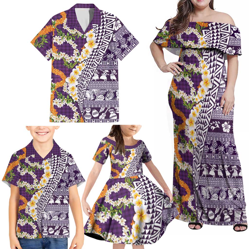 Hawaiian Plumeria Lei Family Matching Off Shoulder Maxi Dress and Hawaiian Shirt Kakau Motifs and Palaka Half Style Purple Color LT03 - Polynesian Pride