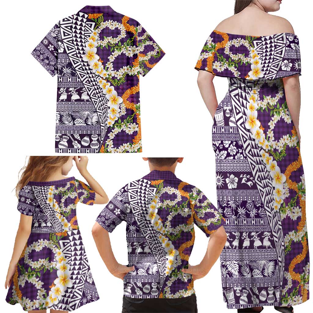 Hawaiian Plumeria Lei Family Matching Off Shoulder Maxi Dress and Hawaiian Shirt Kakau Motifs and Palaka Half Style Purple Color - Polynesian Pride