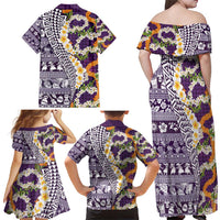 Hawaiian Plumeria Lei Family Matching Off Shoulder Maxi Dress and Hawaiian Shirt Kakau Motifs and Palaka Half Style Purple Color - Polynesian Pride