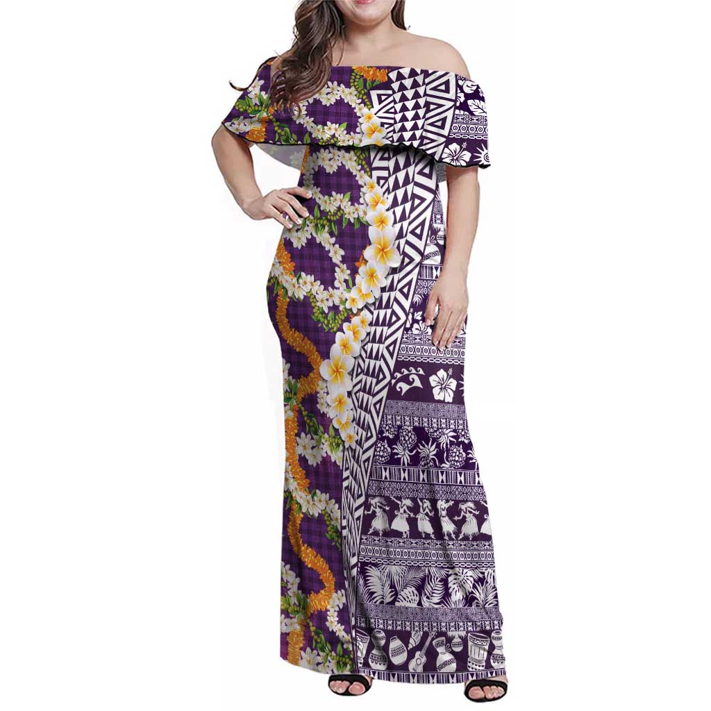 Hawaiian Plumeria Lei Family Matching Off Shoulder Maxi Dress and Hawaiian Shirt Kakau Motifs and Palaka Half Style Purple Color - Polynesian Pride