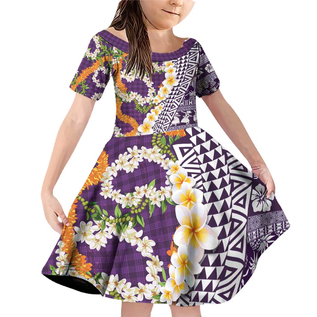 Hawaiian Plumeria Lei Family Matching Off Shoulder Short Dress and Hawaiian Shirt Kakau Motifs and Palaka Half Style Purple Color - Polynesian Pride