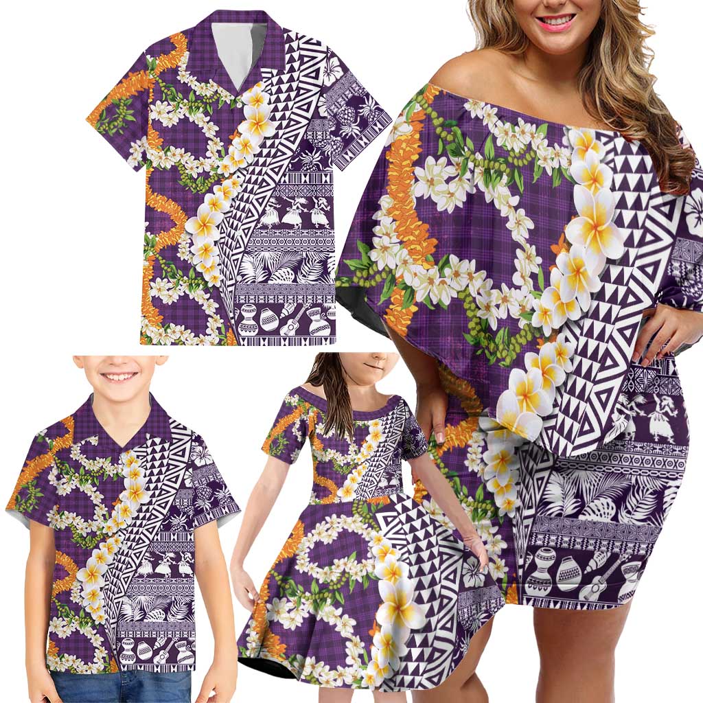 Hawaiian Plumeria Lei Family Matching Off Shoulder Short Dress and Hawaiian Shirt Kakau Motifs and Palaka Half Style Purple Color LT03 - Polynesian Pride