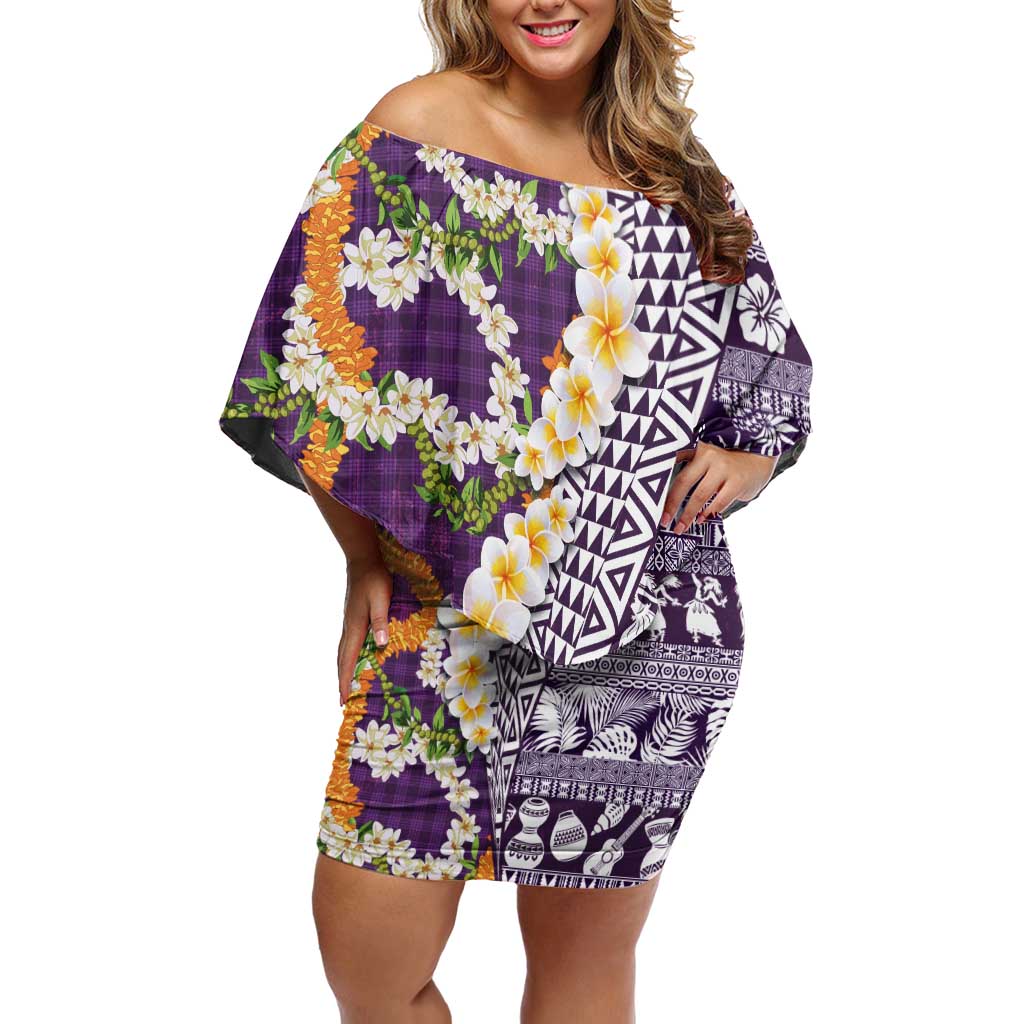 Hawaiian Plumeria Lei Family Matching Off Shoulder Short Dress and Hawaiian Shirt Kakau Motifs and Palaka Half Style Purple Color - Polynesian Pride