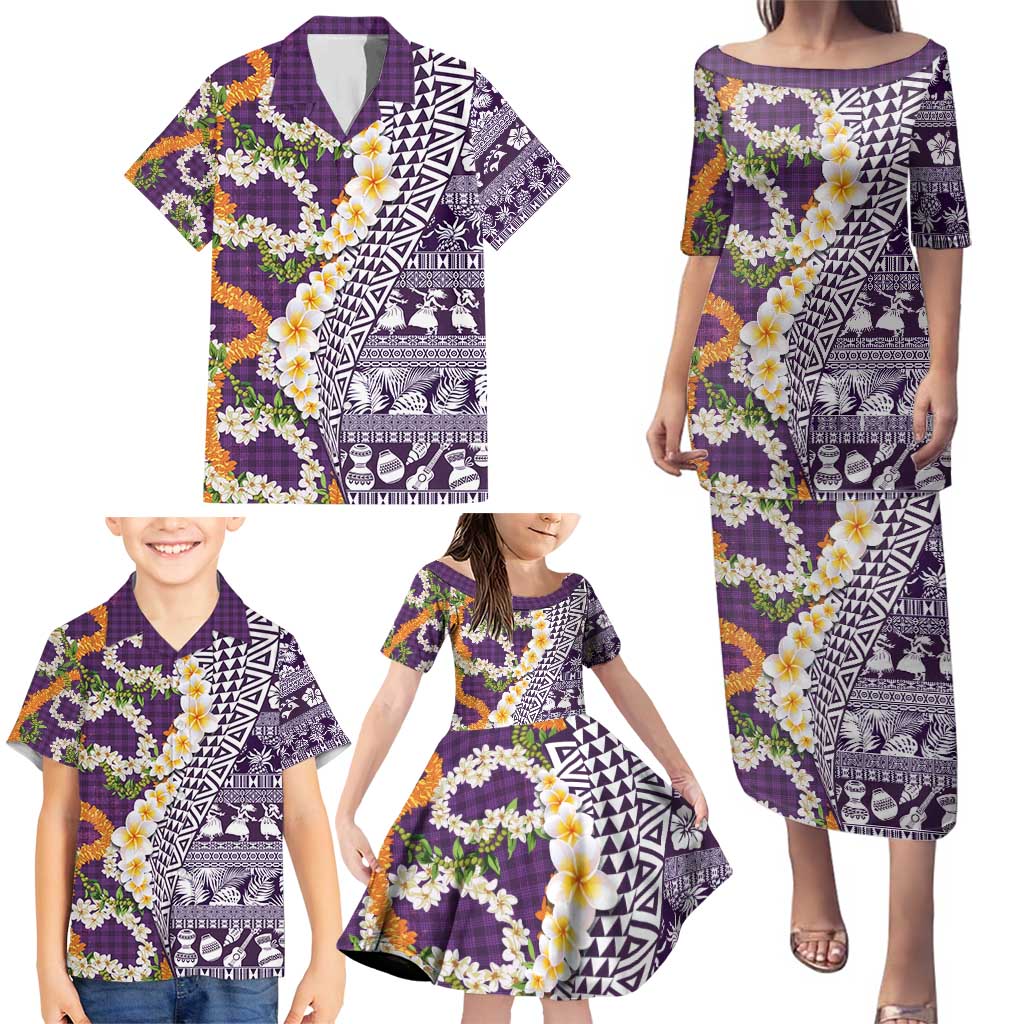Hawaiian Plumeria Lei Family Matching Puletasi and Hawaiian Shirt Kakau Motifs and Palaka Half Style Purple Color - Polynesian Pride