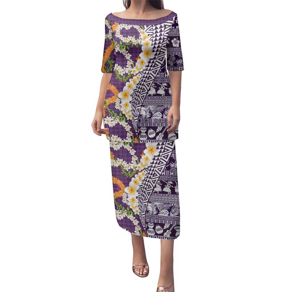 Hawaiian Plumeria Lei Family Matching Puletasi and Hawaiian Shirt Kakau Motifs and Palaka Half Style Purple Color - Polynesian Pride
