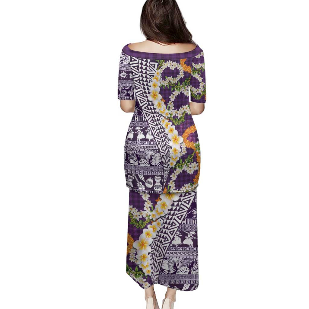 Hawaiian Plumeria Lei Family Matching Puletasi and Hawaiian Shirt Kakau Motifs and Palaka Half Style Purple Color - Polynesian Pride