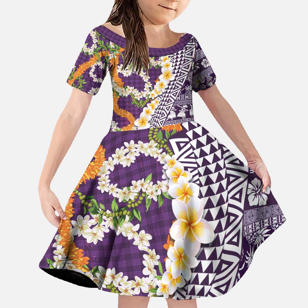 Hawaiian Plumeria Lei Family Matching Short Sleeve Bodycon Dress and Hawaiian Shirt Kakau Motifs and Palaka Half Style Purple Color - Polynesian Pride
