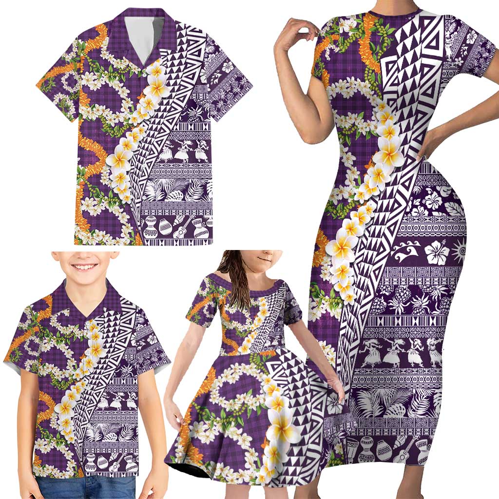 Hawaiian Plumeria Lei Family Matching Short Sleeve Bodycon Dress and Hawaiian Shirt Kakau Motifs and Palaka Half Style Purple Color - Polynesian Pride