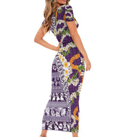 Hawaiian Plumeria Lei Family Matching Short Sleeve Bodycon Dress and Hawaiian Shirt Kakau Motifs and Palaka Half Style Purple Color - Polynesian Pride
