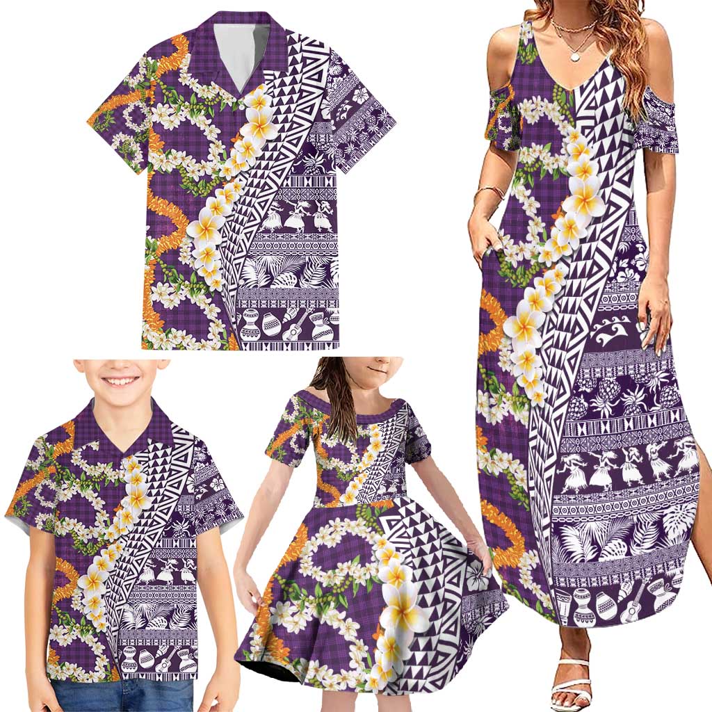 Hawaiian Plumeria Lei Family Matching Summer Maxi Dress and Hawaiian Shirt Kakau Motifs and Palaka Half Style Purple Color - Polynesian Pride