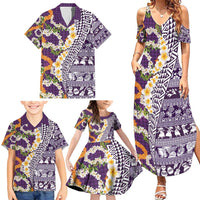 Hawaiian Plumeria Lei Family Matching Summer Maxi Dress and Hawaiian Shirt Kakau Motifs and Palaka Half Style Purple Color - Polynesian Pride