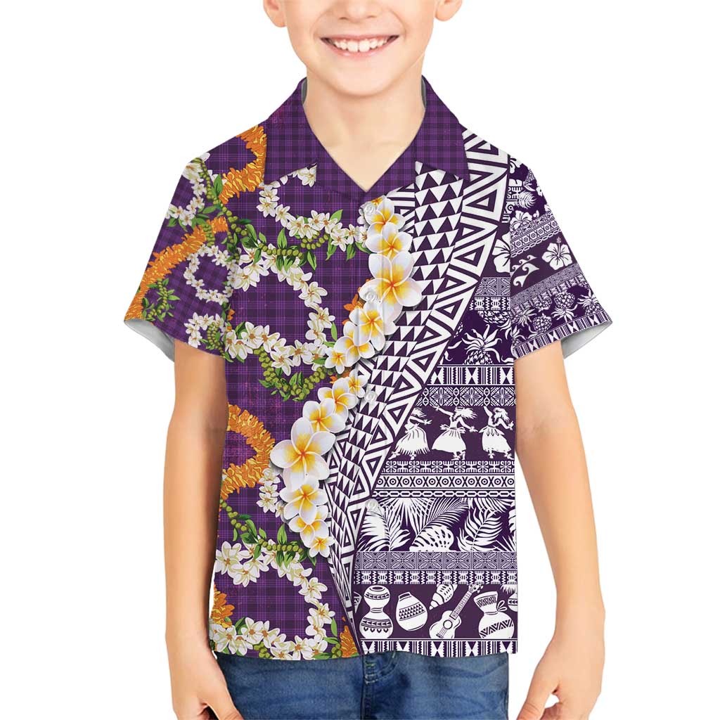 Hawaiian Plumeria Lei Family Matching Summer Maxi Dress and Hawaiian Shirt Kakau Motifs and Palaka Half Style Purple Color - Polynesian Pride