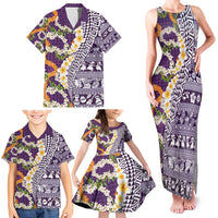 Hawaiian Plumeria Lei Family Matching Tank Maxi Dress and Hawaiian Shirt Kakau Motifs and Palaka Half Style Purple Color - Polynesian Pride