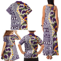 Hawaiian Plumeria Lei Family Matching Tank Maxi Dress and Hawaiian Shirt Kakau Motifs and Palaka Half Style Purple Color - Polynesian Pride