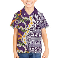 Hawaiian Plumeria Lei Family Matching Tank Maxi Dress and Hawaiian Shirt Kakau Motifs and Palaka Half Style Purple Color - Polynesian Pride