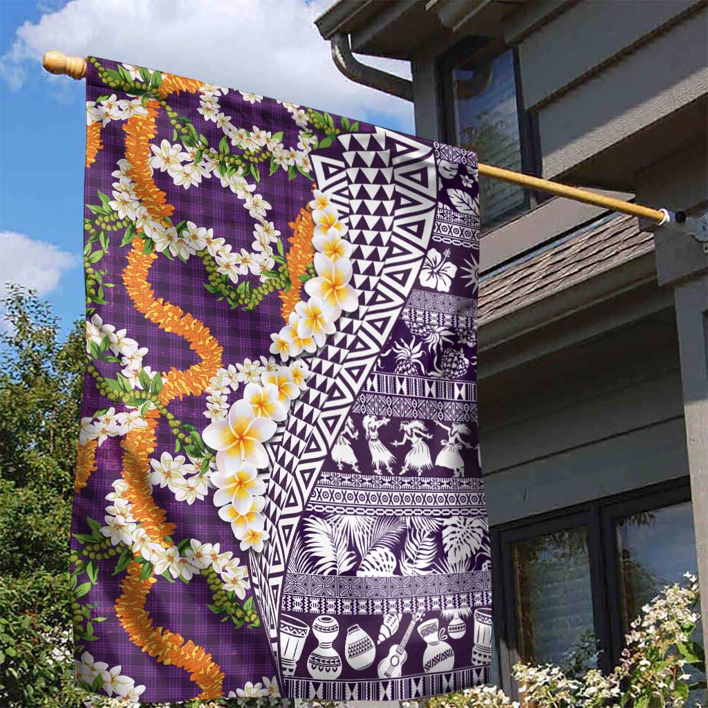 Hawaiian Plumeria Lei Garden Flag Kakau Motifs and Palaka Half Style Purple Color - Polynesian Pride