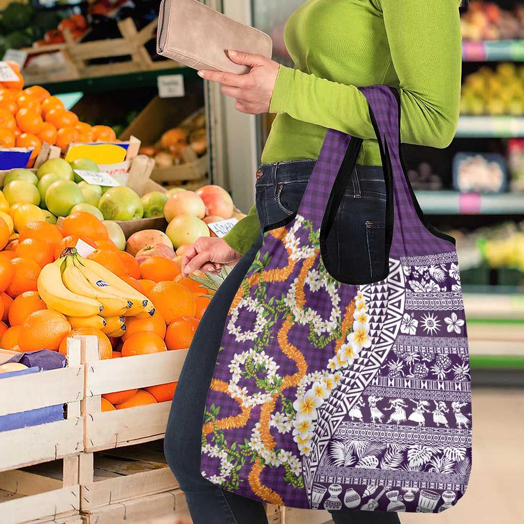 Hawaiian Plumeria Lei Grocery Bag Kakau Motifs and Palaka Half Style Purple Color - Polynesian Pride