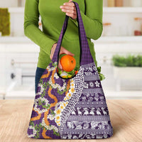 Hawaiian Plumeria Lei Grocery Bag Kakau Motifs and Palaka Half Style Purple Color - Polynesian Pride