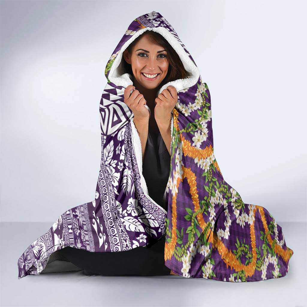 Hawaiian Plumeria Lei Hooded Blanket Kakau Motifs and Palaka Half Style Purple Color - Polynesian Pride