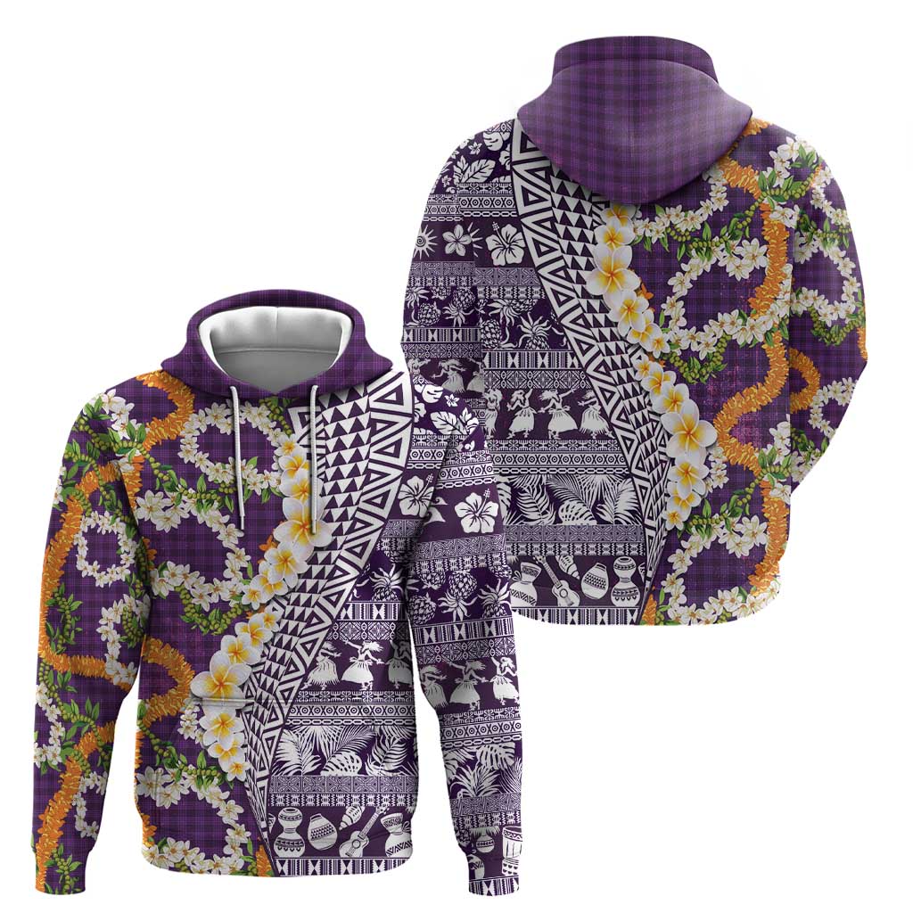 Hawaiian Plumeria Lei Hoodie Kakau Motifs and Palaka Half Style Purple Color - Polynesian Pride