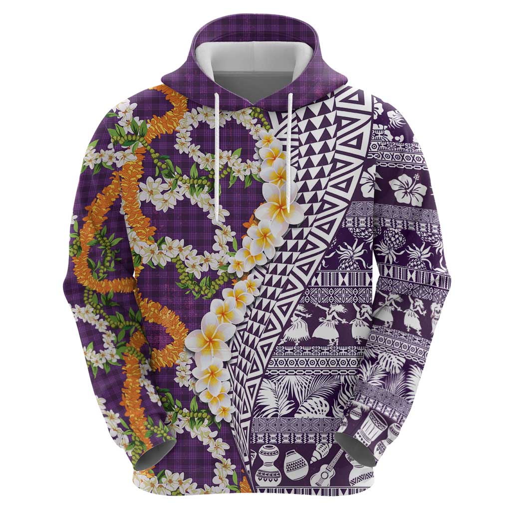Hawaiian Plumeria Lei Hoodie Kakau Motifs and Palaka Half Style Purple Color - Polynesian Pride