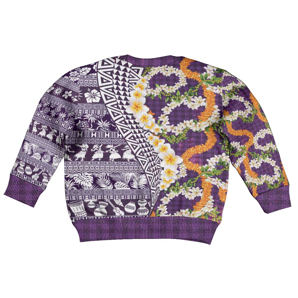 Hawaiian Plumeria Lei Kid Ugly Christmas Sweater Kakau Motifs and Palaka Half Style Purple Color - Polynesian Pride