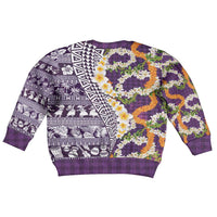Hawaiian Plumeria Lei Kid Ugly Christmas Sweater Kakau Motifs and Palaka Half Style Purple Color - Polynesian Pride