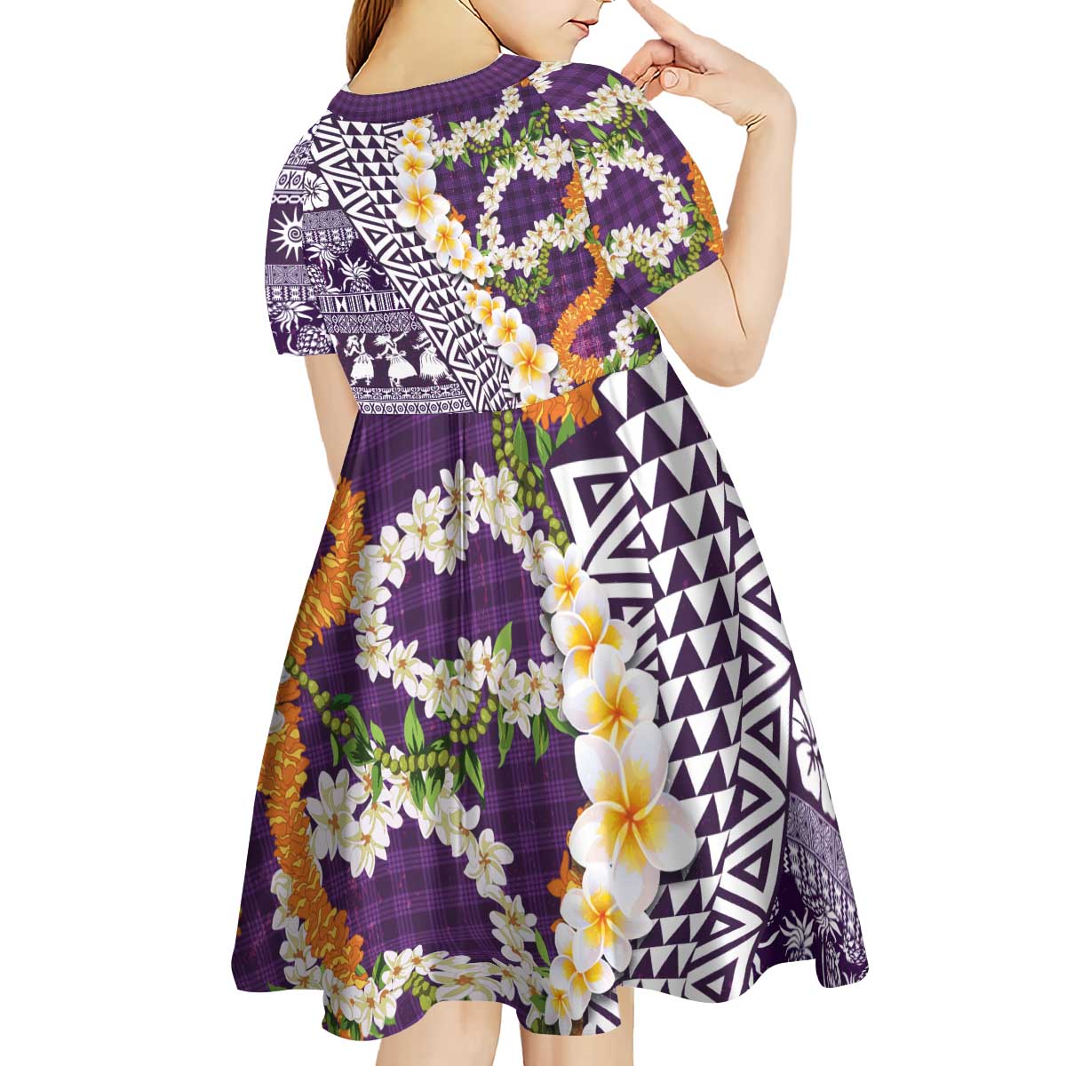 Hawaiian Plumeria Lei Kid Short Sleeve Dress Kakau Motifs and Palaka Half Style Purple Color - Polynesian Pride