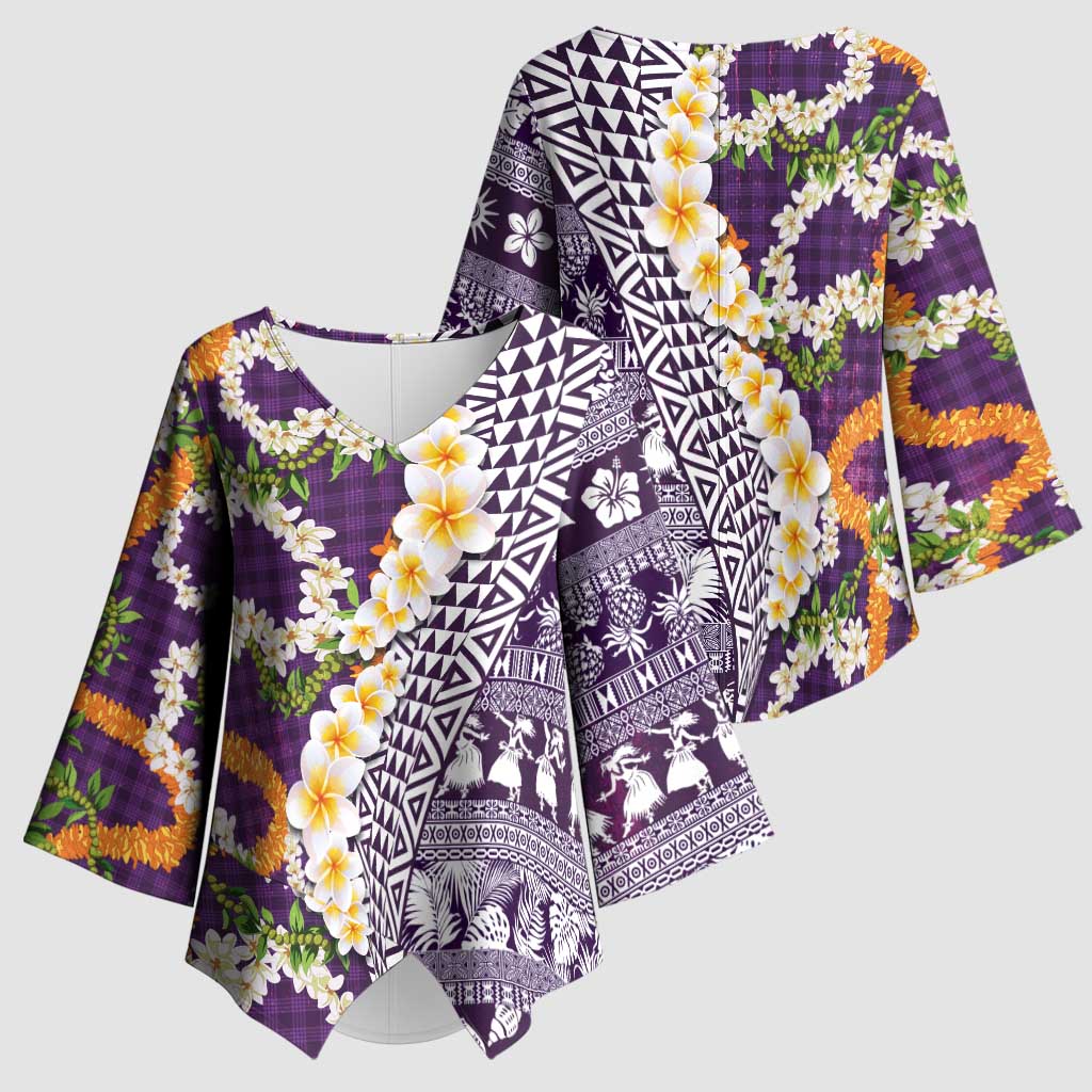 Hawaiian Plumeria Lei Kimono Sleeve Blouse Kakau Motifs and Palaka Half Style Purple Color - Polynesian Pride