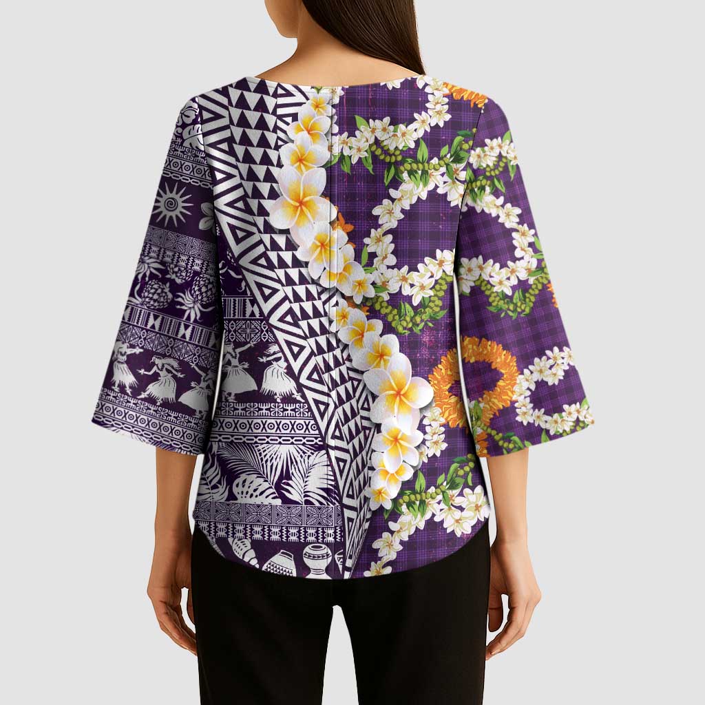 Hawaiian Plumeria Lei Kimono Sleeve Blouse Kakau Motifs and Palaka Half Style Purple Color - Polynesian Pride