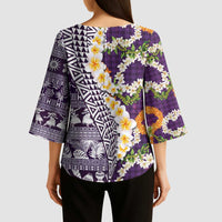Hawaiian Plumeria Lei Kimono Sleeve Blouse Kakau Motifs and Palaka Half Style Purple Color - Polynesian Pride