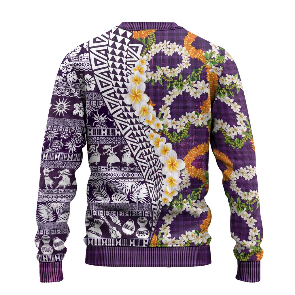 Hawaiian Plumeria Lei Ugly Christmas Sweater Kakau Motifs and Palaka Half Style Purple Color - Polynesian Pride