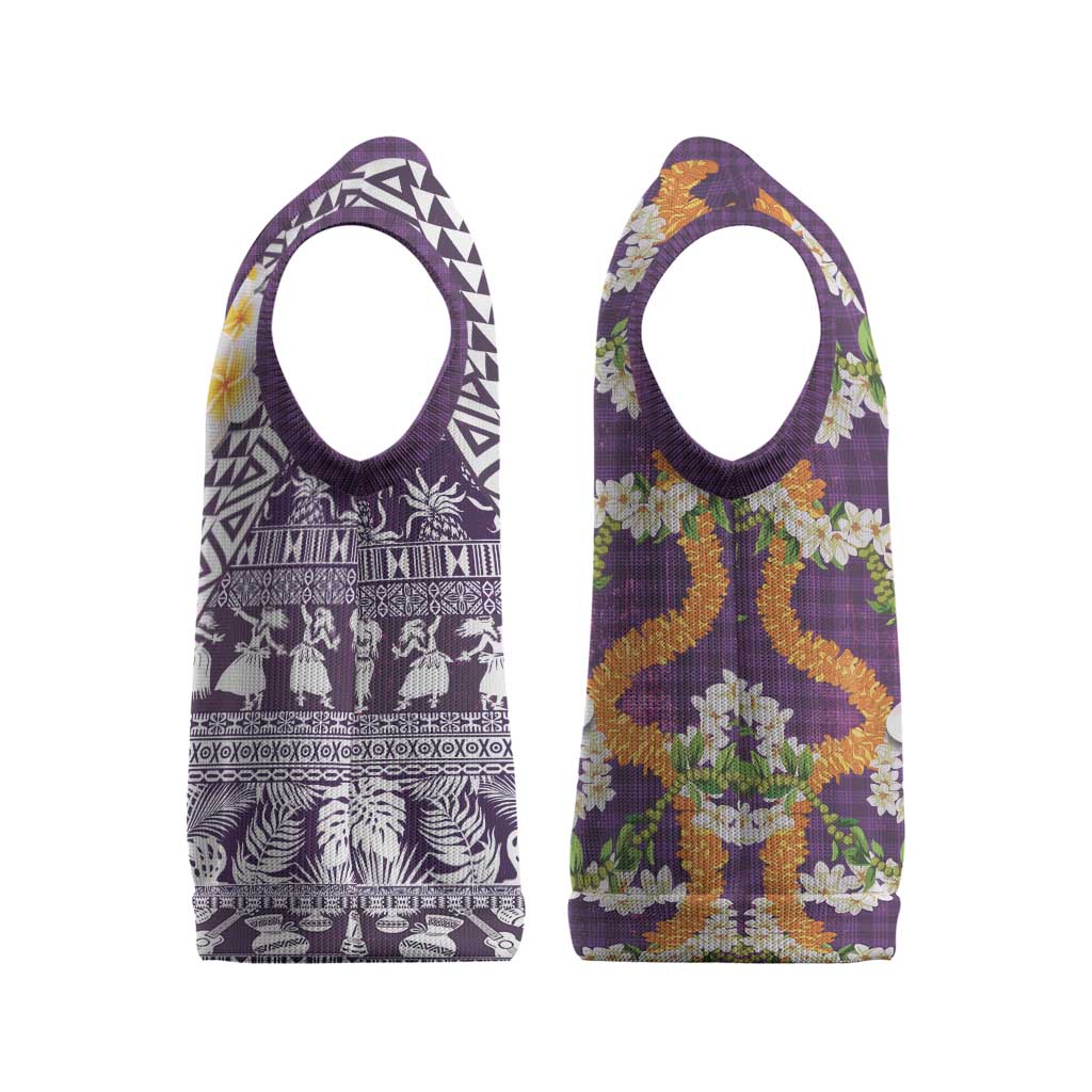 Hawaiian Plumeria Lei Christmas Knitted V-Neck Vest Kakau Motifs and Palaka Half Style Purple Color - Polynesian Pride