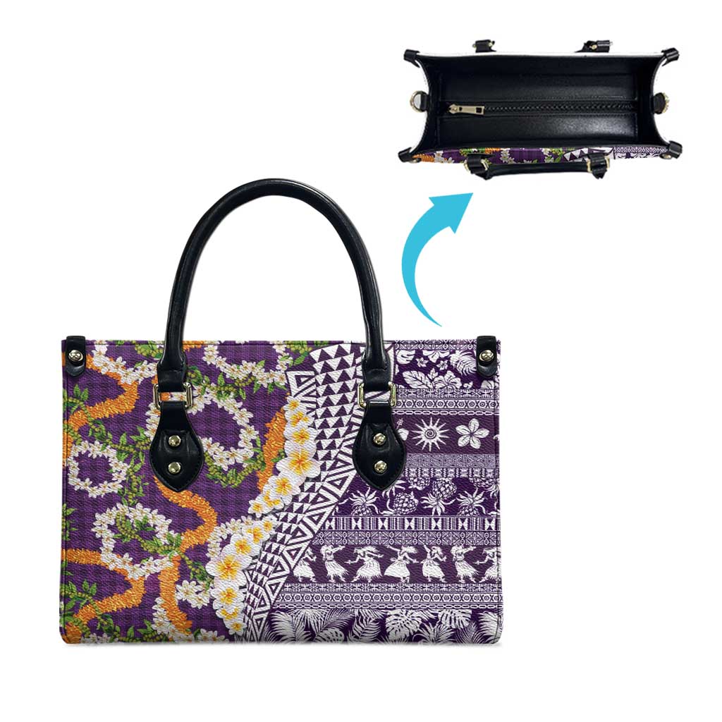 Hawaiian Plumeria Lei Leather Bag Kakau Motifs and Palaka Half Style Purple Color - Polynesian Pride