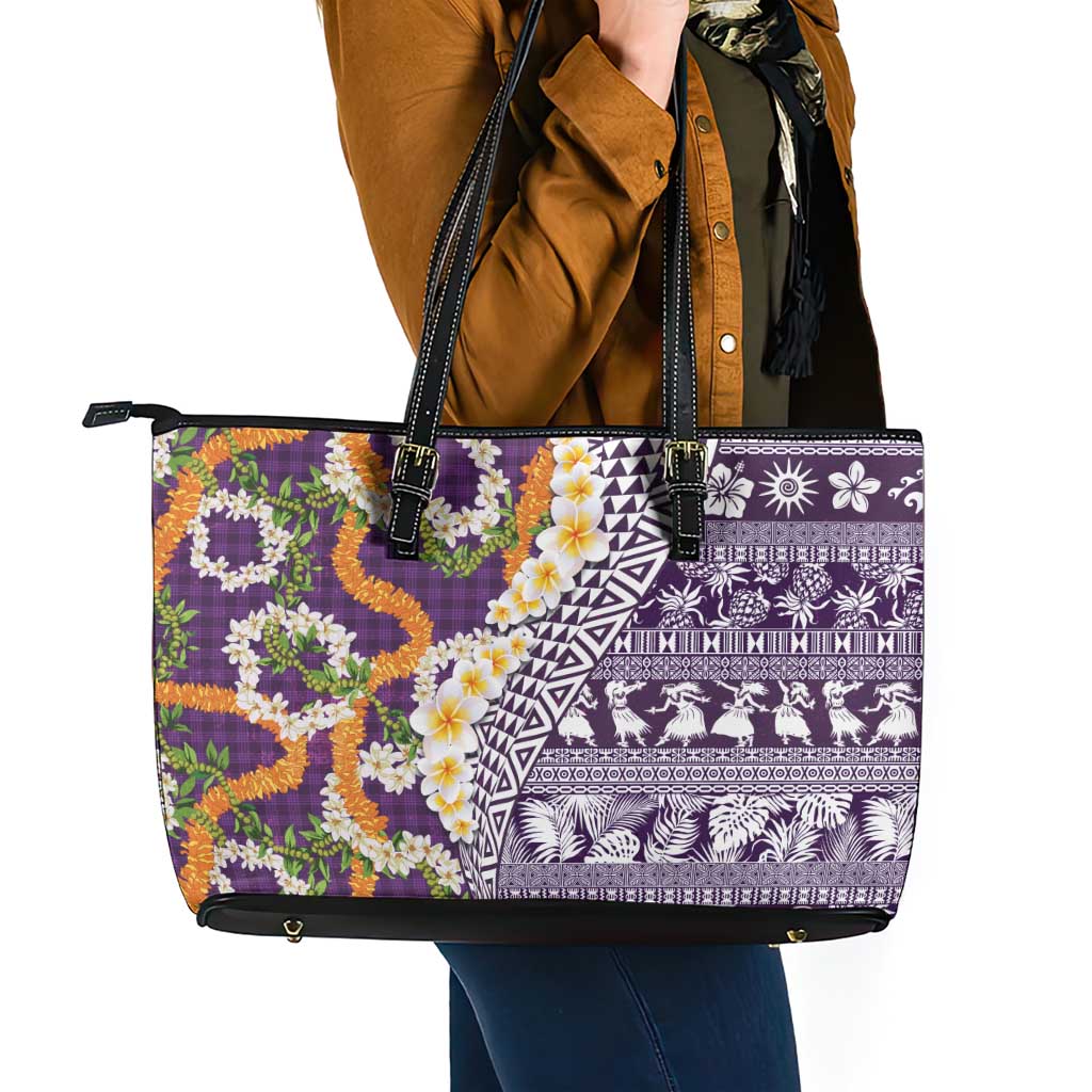 Hawaiian Plumeria Lei Leather Tote Bag Kakau Motifs and Palaka Half Style Purple Color - Polynesian Pride