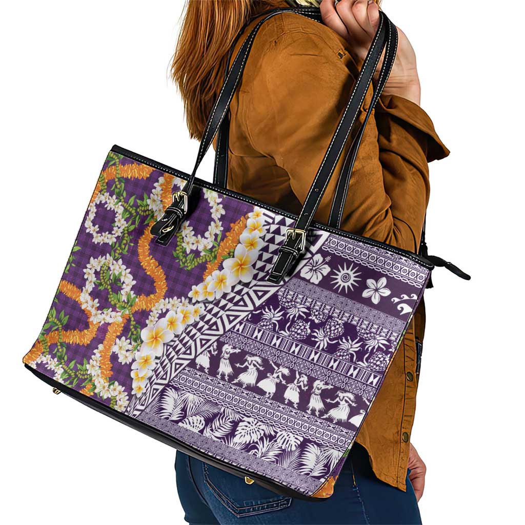 Hawaiian Plumeria Lei Leather Tote Bag Kakau Motifs and Palaka Half Style Purple Color - Polynesian Pride
