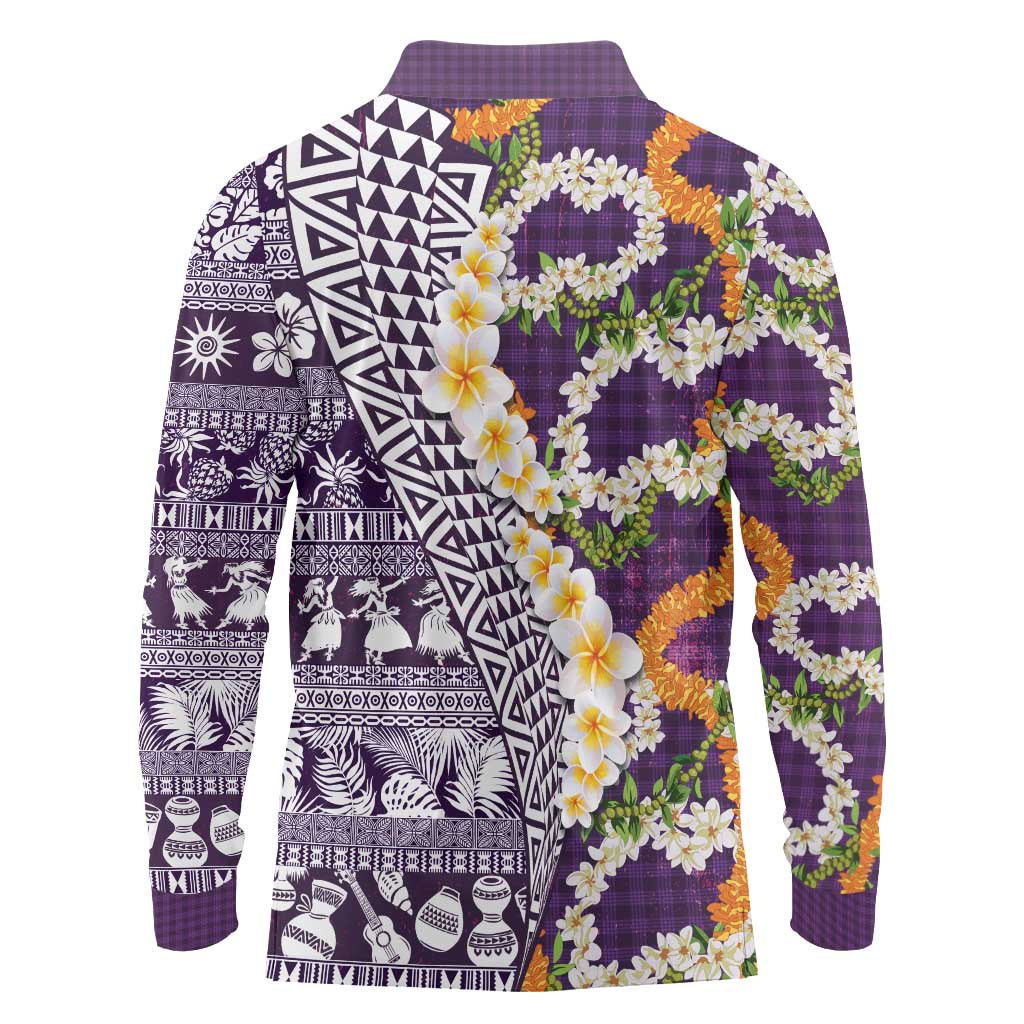 Hawaiian Plumeria Lei Long Sleeve Polo Shirt Kakau Motifs and Palaka Half Style Purple Color - Polynesian Pride