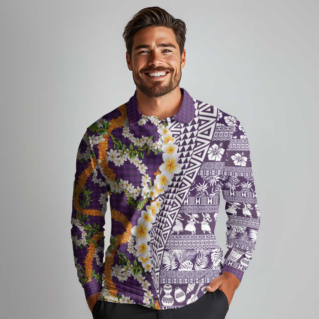 Hawaiian Plumeria Lei Long Sleeve Polo Shirt Kakau Motifs and Palaka Half Style Purple Color - Polynesian Pride