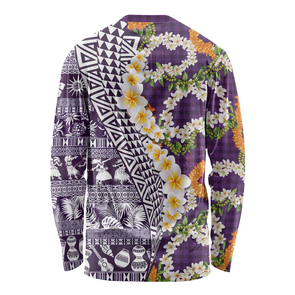 Hawaiian Plumeria Lei Long Sleeve Shirt Kakau Motifs and Palaka Half Style Purple Color - Polynesian Pride