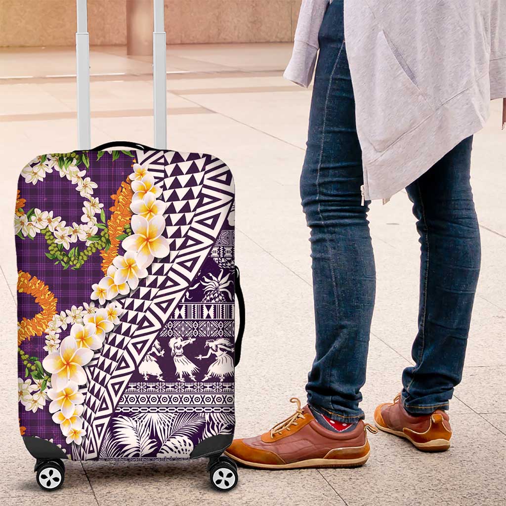 Hawaiian Plumeria Lei Luggage Cover Kakau Motifs and Palaka Half Style Purple Color - Polynesian Pride