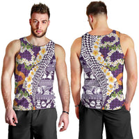 Hawaiian Plumeria Lei Men Tank Top Kakau Motifs and Palaka Half Style Purple Color - Polynesian Pride