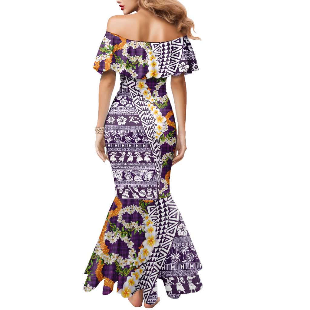Hawaiian Plumeria Lei Mermaid Dress Kakau Motifs and Palaka Half Style Purple Color - Polynesian Pride